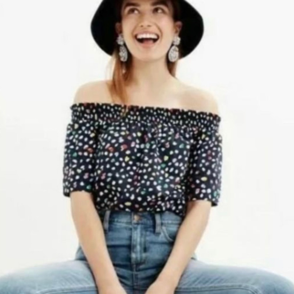 J Crew Off-the-shoulder Cotton Blouse in Navy Blue Ratti Happy Cat Print size 6